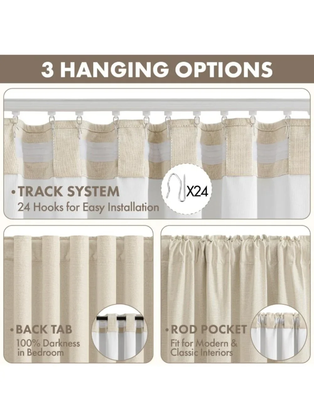 100% Blackout Linen Curtains, Thermal Insulated Room Darkening Drapes, 84